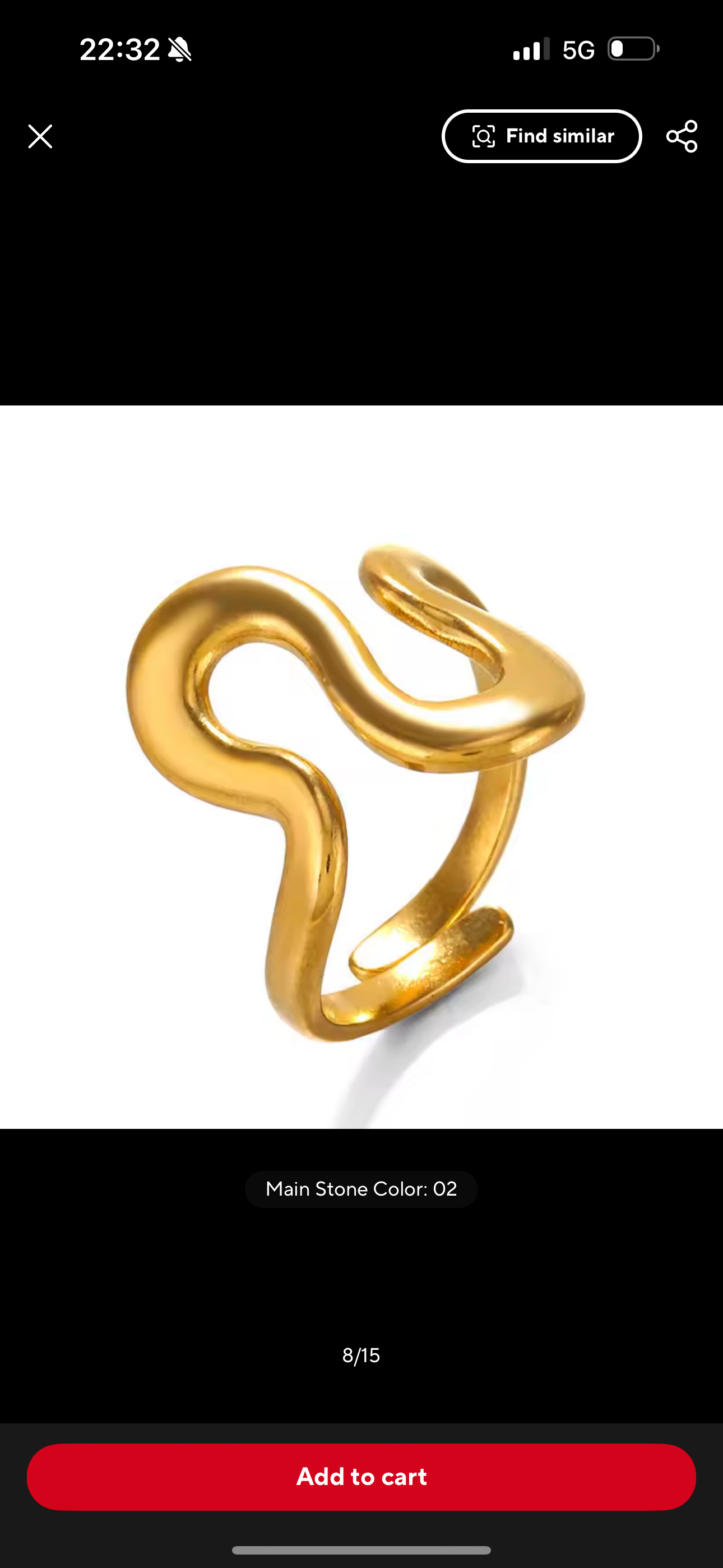 Stainless Steel Adjustable Ring, Gold Plated