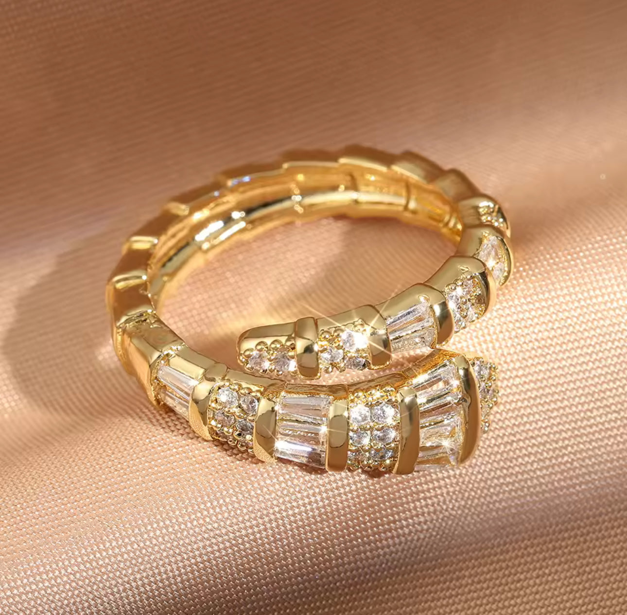 Snake Design Zirconia Gold Ring, Adjustable