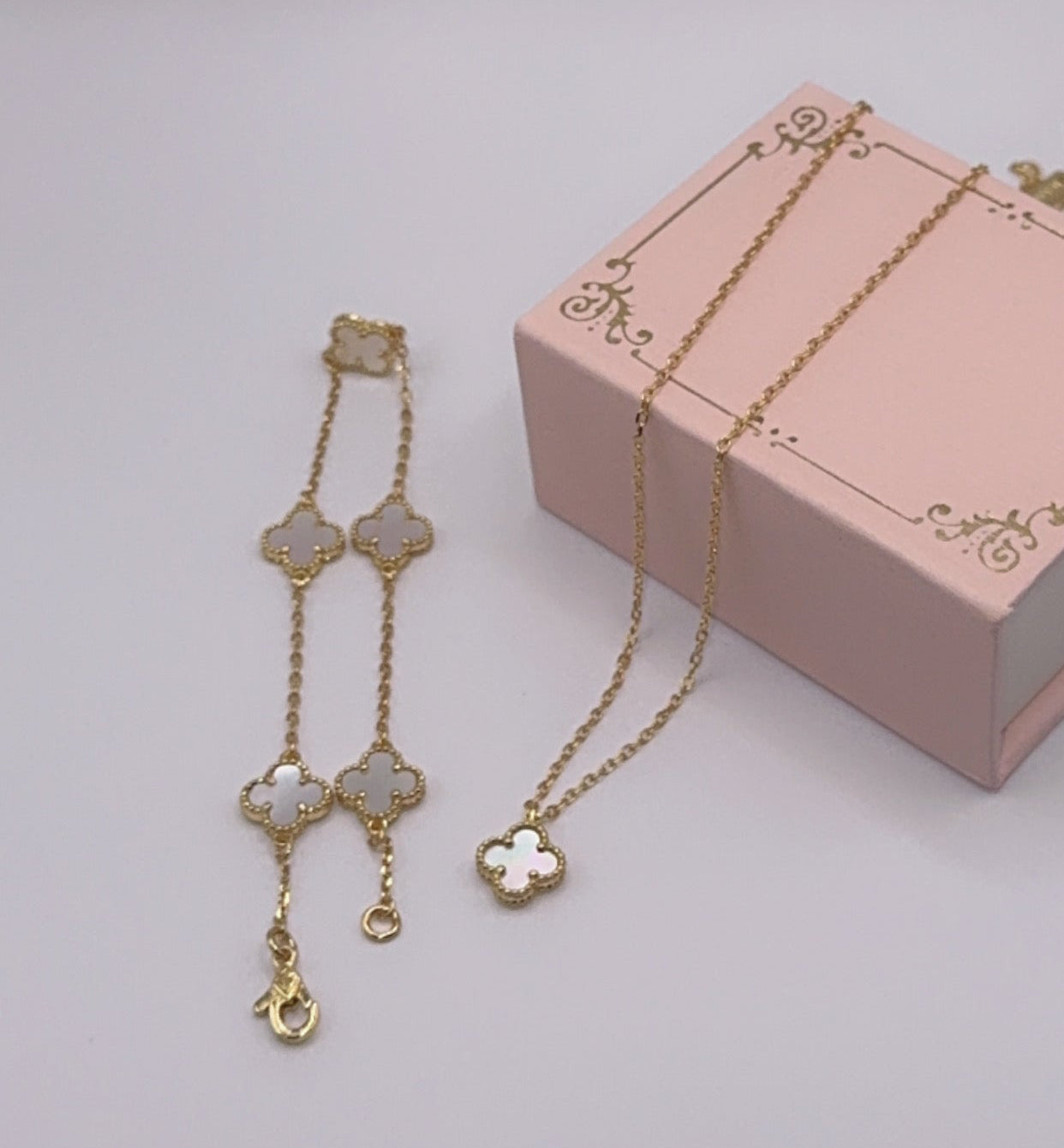Mini White Clover Set, Necklace & Bracelet
