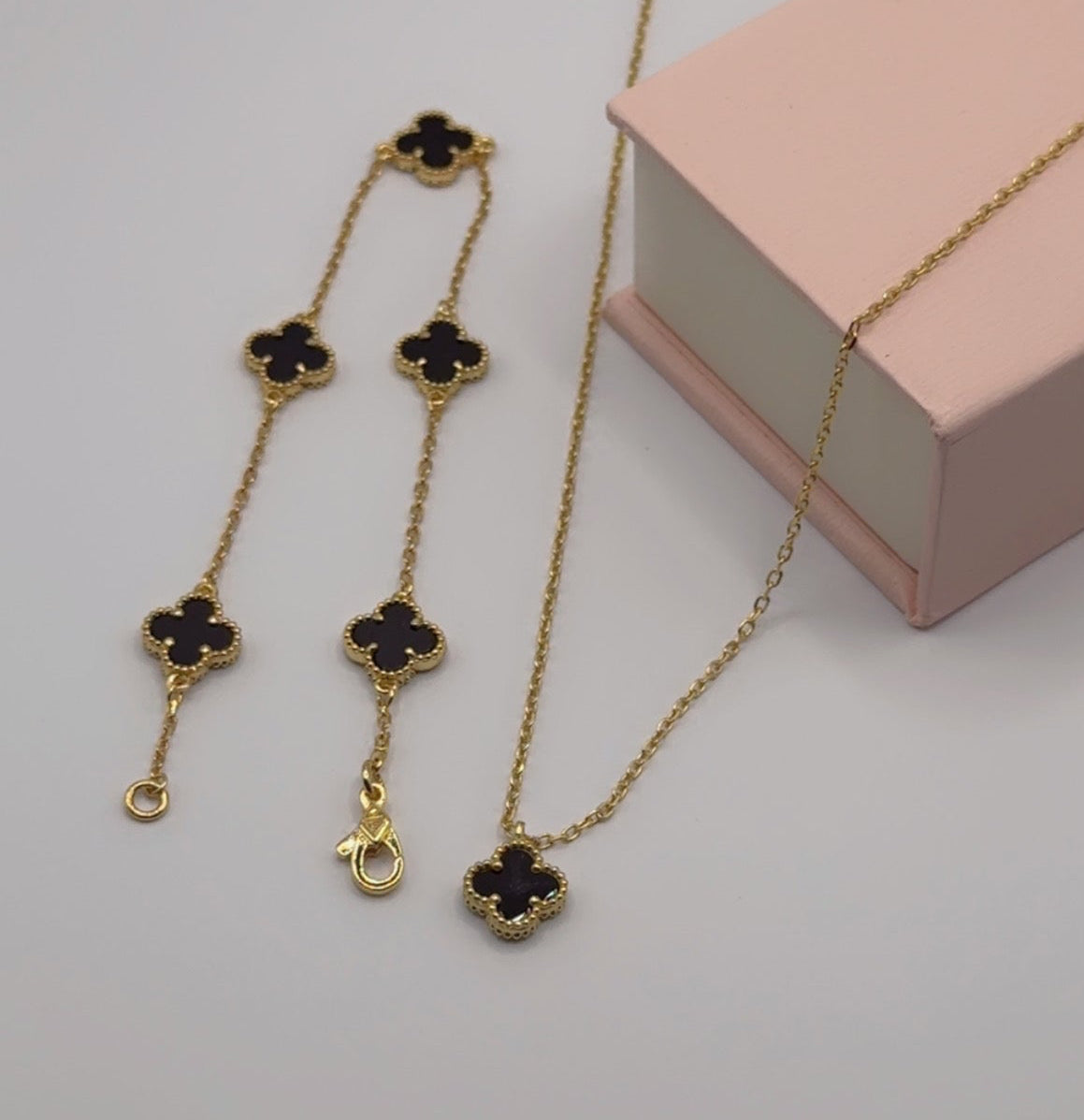 Mini Black Clover Set, Necklace & Bracelet