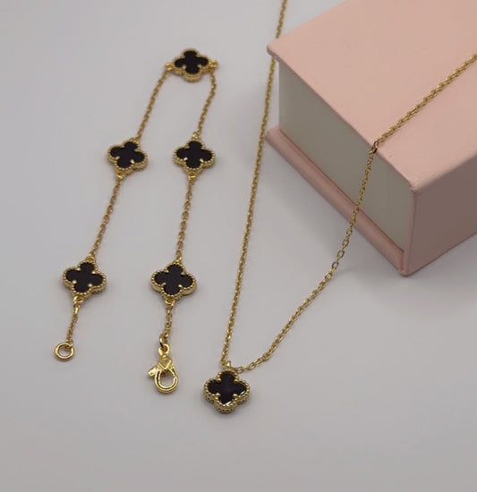 Mini Black Clover Set, Necklace & Bracelet