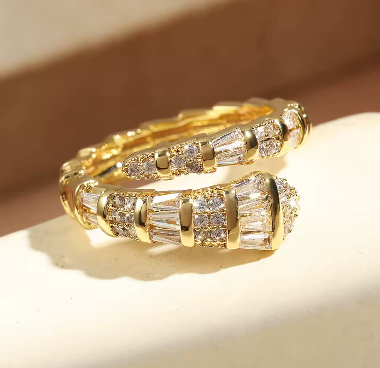 Snake Design Zirconia Gold Ring, Adjustable