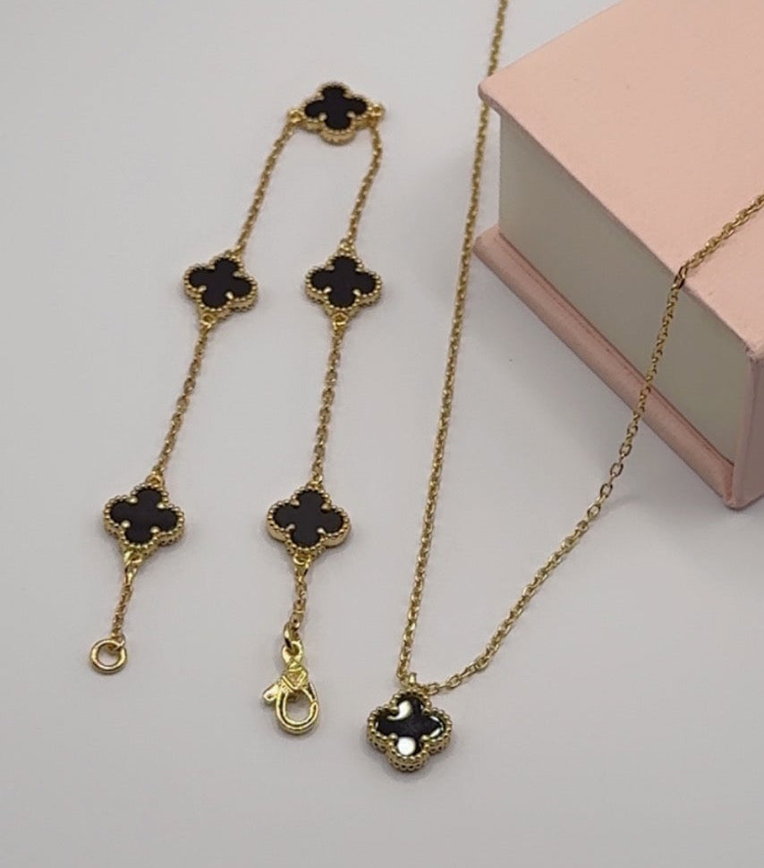 Mini Black Clover Set, Necklace & Bracelet