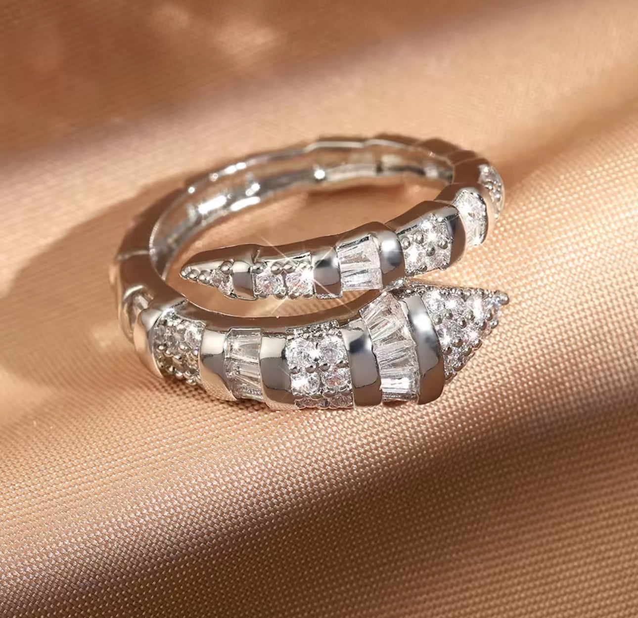 Snake Design Zirconia Gold Ring, Adjustable