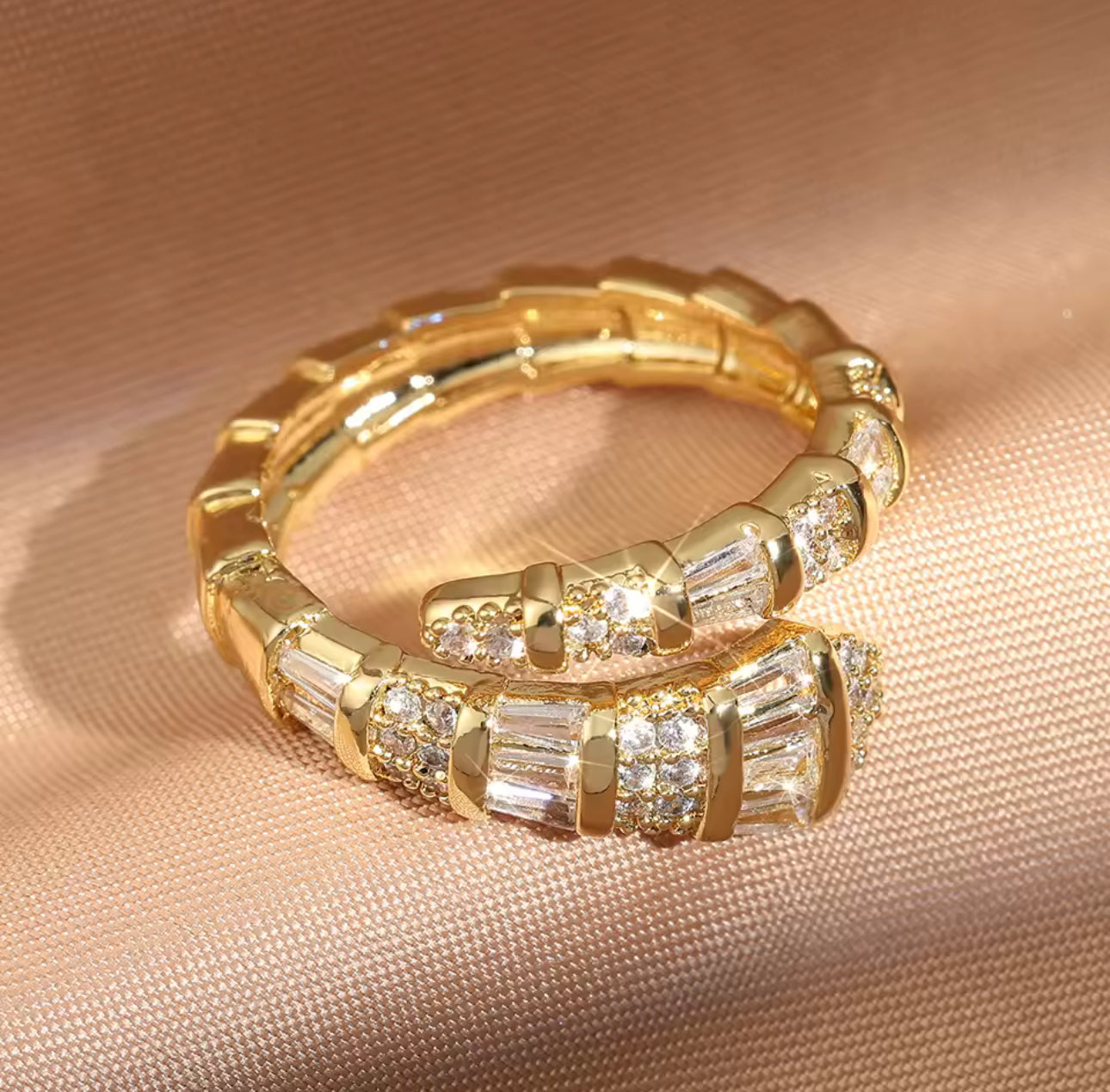 Snake Design Zirconia Gold Ring, Adjustable