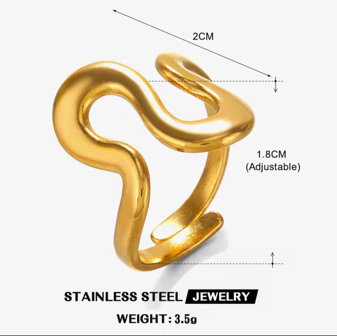 Stainless Steel Adjustable Ring, Gold Plated