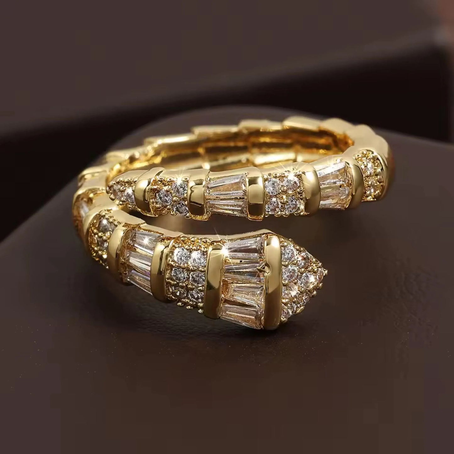 Snake Design Zirconia Gold Ring, Adjustable
